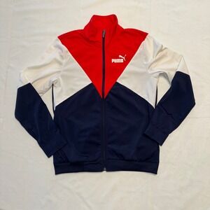 PUMA Track Jacket Full Zip Colorblock Red White Blue Mens Size S Athletic Retro‎